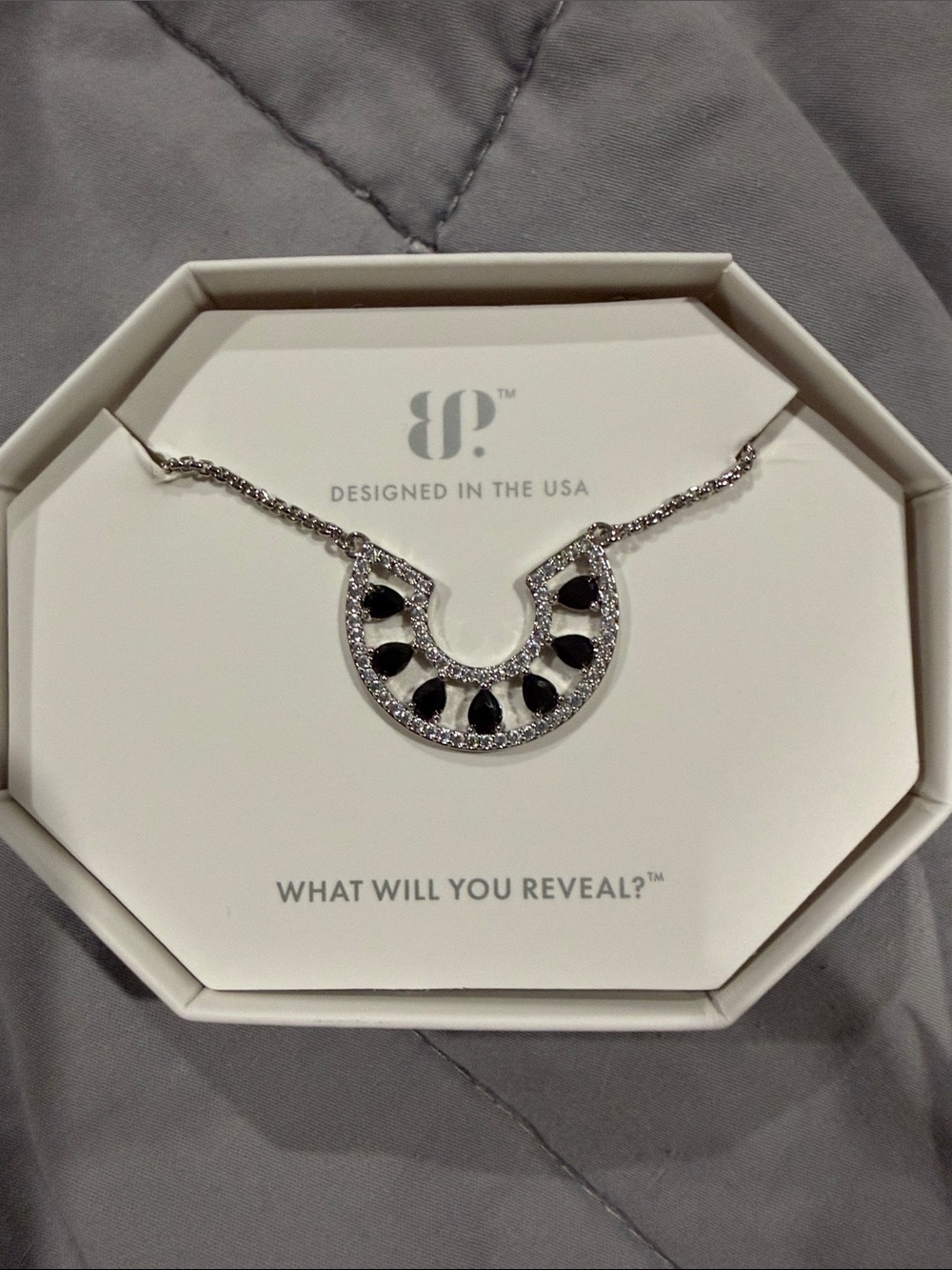 BP™ Silver-Tone Crescent Necklace with Black Stones